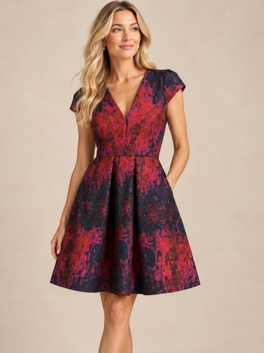 Vince Camuto Size 4 Navy Pink Red Jacquard Cap Sleeve Fit Flare Cocktail Dress